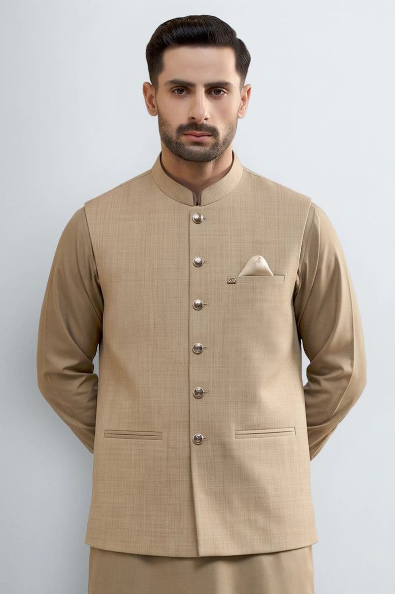 Dark Fawn Shalwar Kameez with Waistcoat thumbnail