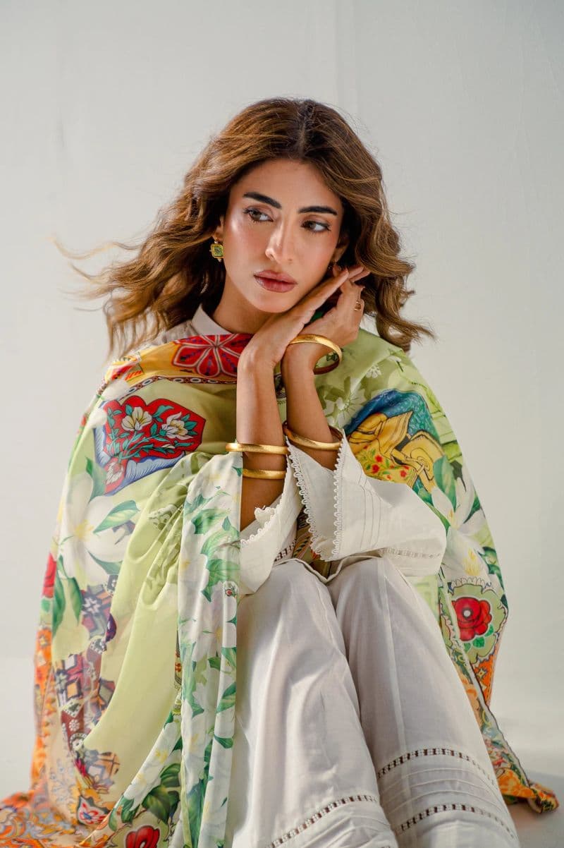 Poly Silk Printed Stole-Green thumbnail