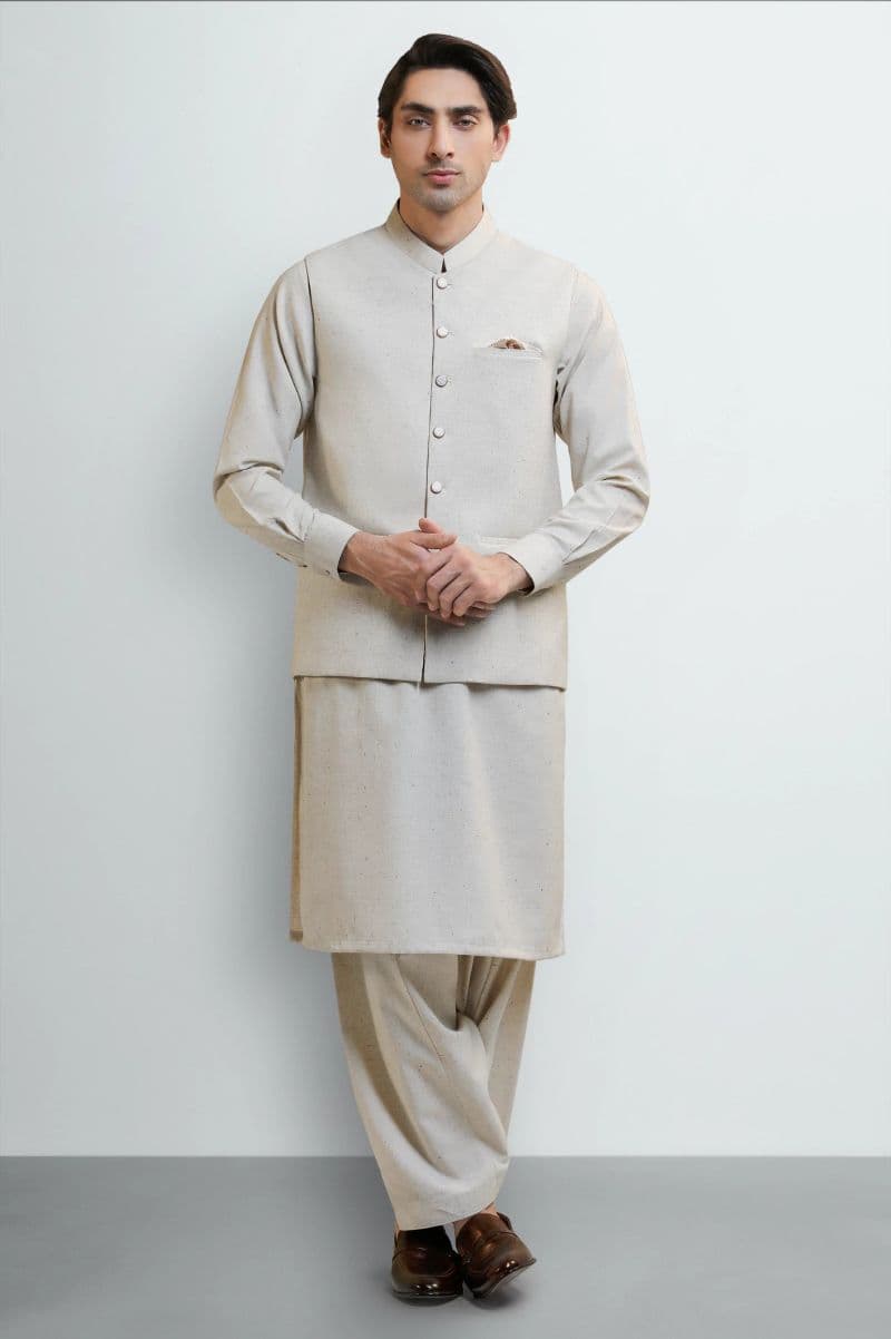 Sand Shalwar Kameez with Waistcoat thumbnail