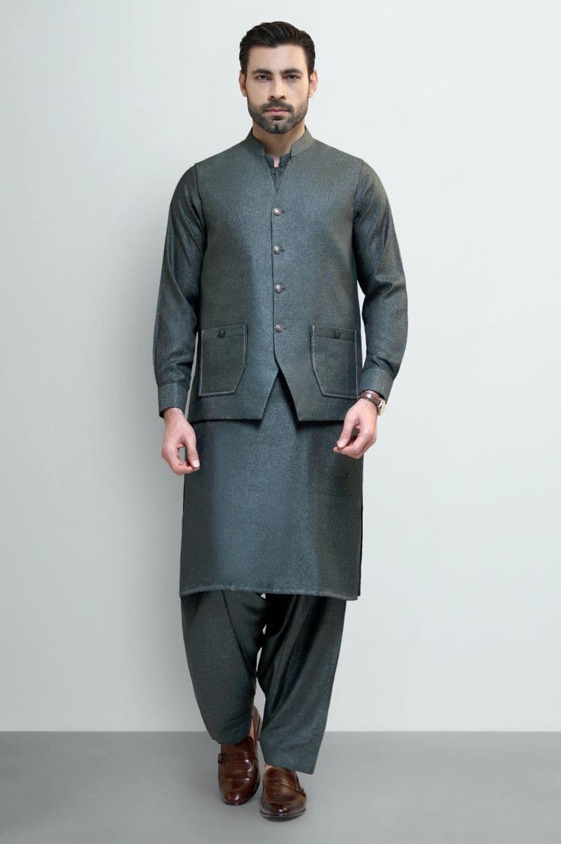 Green Shalwar Kameez with Waistcoat thumbnail