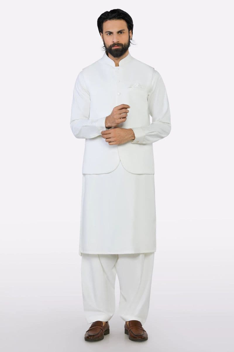 Off White Shalwar Kameez with Waistcoat thumbnail