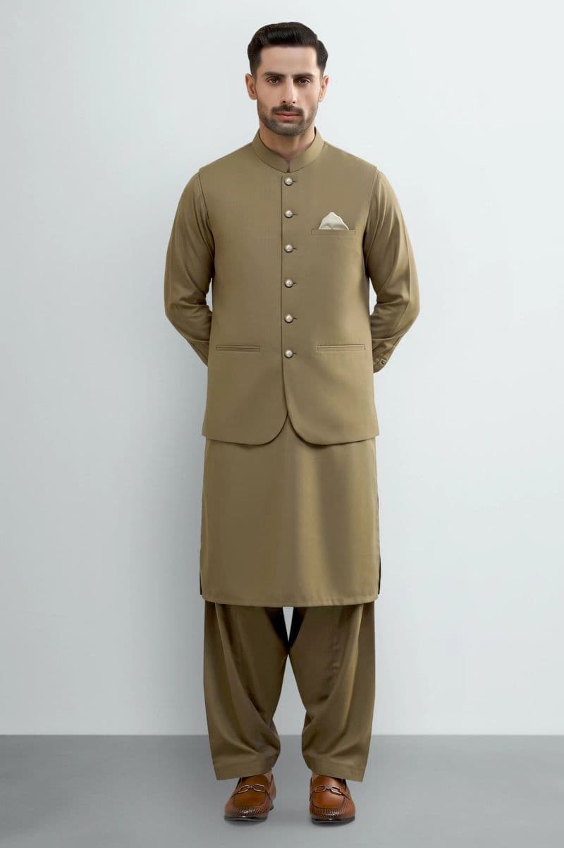 Light Brown Shalwar Kameez with Waistcoat thumbnail