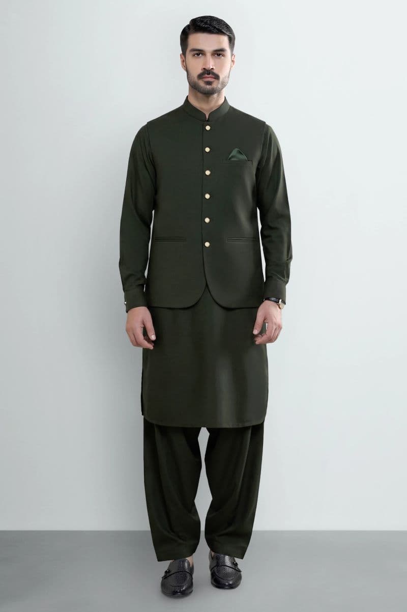 Bottle Green Shalwar Kameez with Waistcoat thumbnail