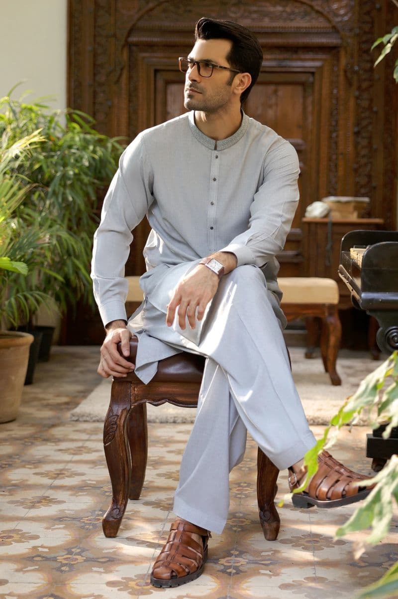 Light Grey Wash & Wear Shalwar Kameez thumbnail