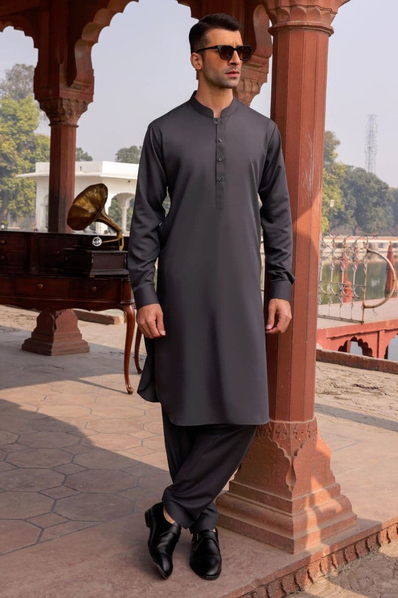 Men Coffee Grey Shalwar Kameez with Waistcoat thumbnail