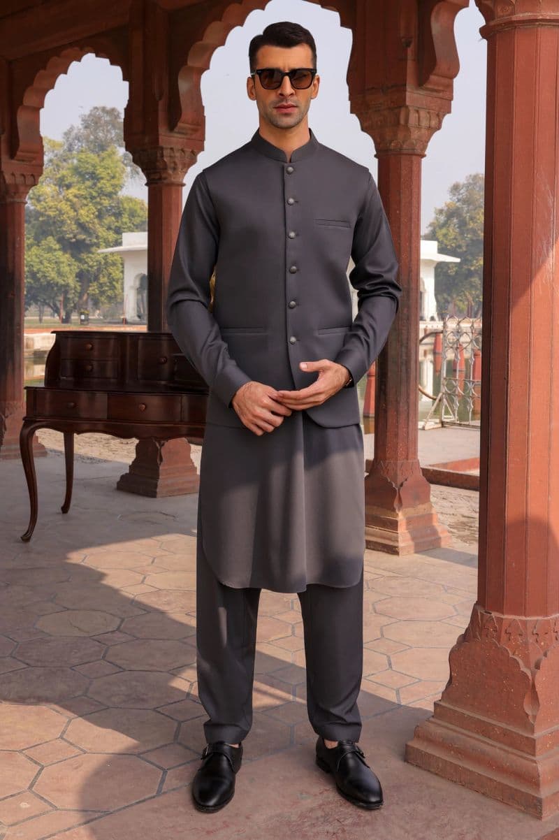 Men Coffee Grey Shalwar Kameez with Waistcoat thumbnail