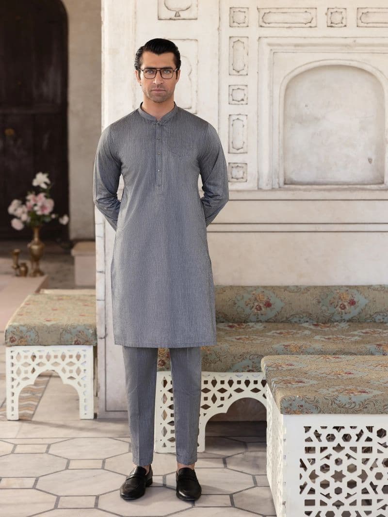 Embroidered Chambray Kurta Pajama - EMTKPT5-056 thumbnail