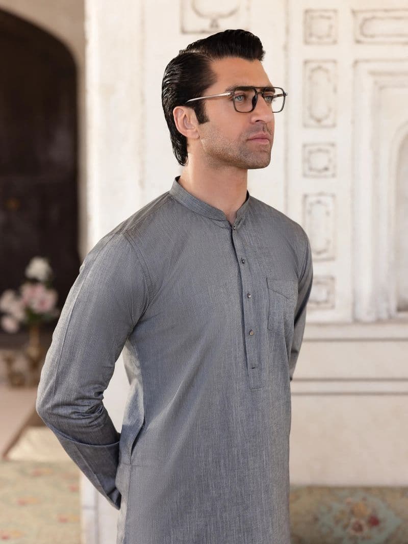 Embroidered Chambray Kurta Pajama - EMTKPT5-056 thumbnail
