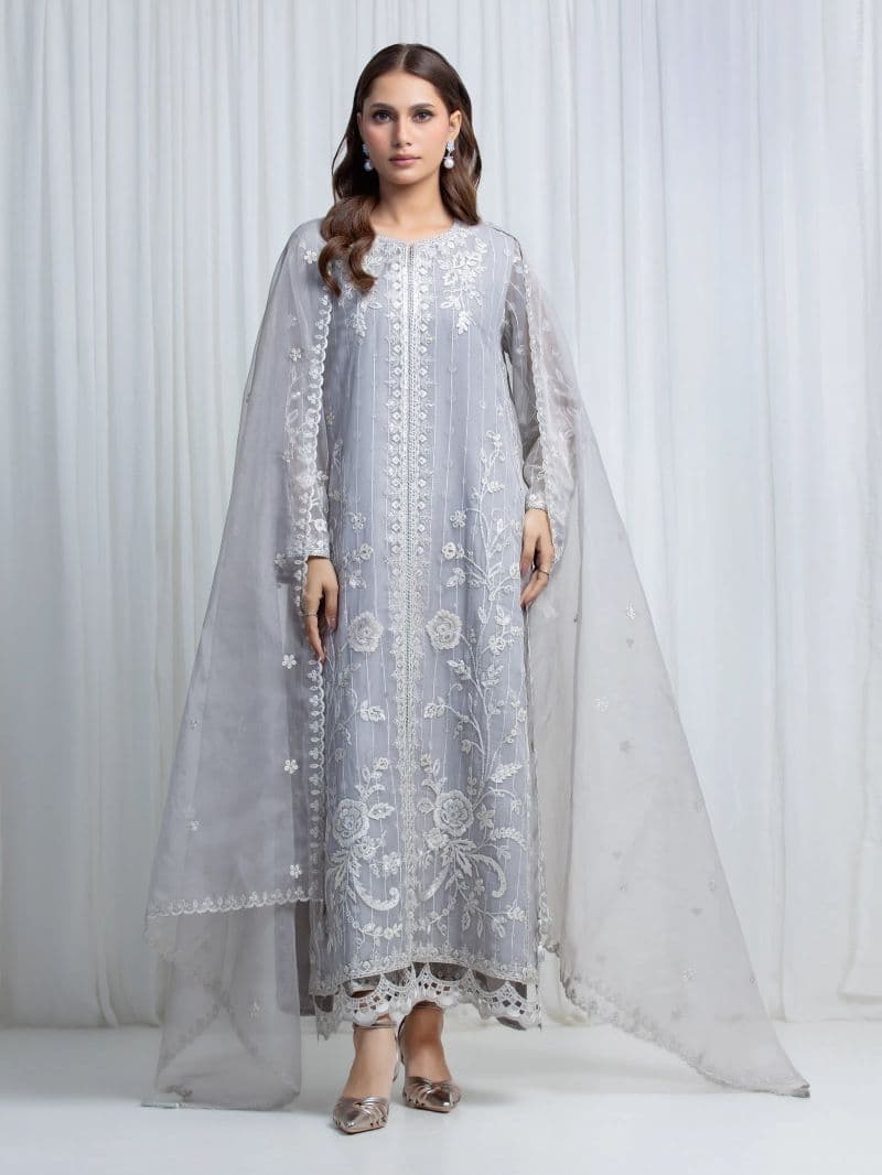 Embroidered Chiffon Suit - EWU6V25-33549-3P thumbnail