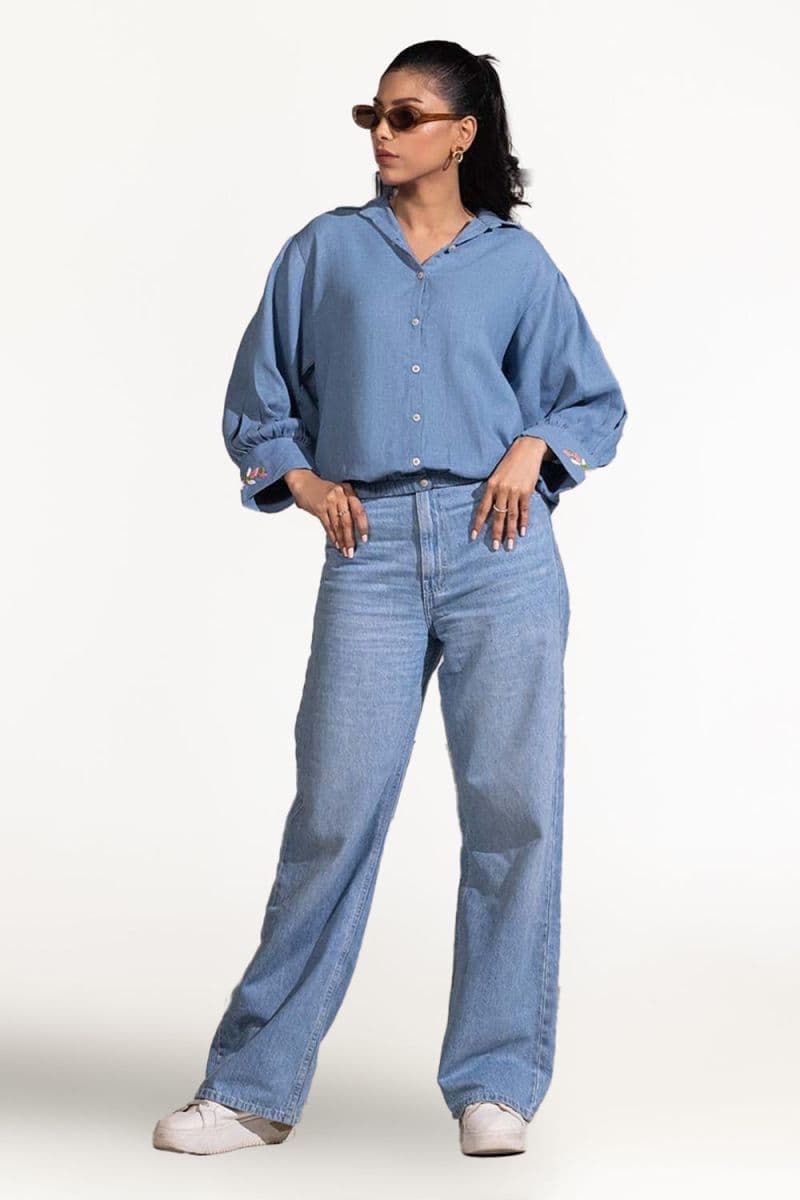 Dobby Jute Embroidered Button Down Shirt