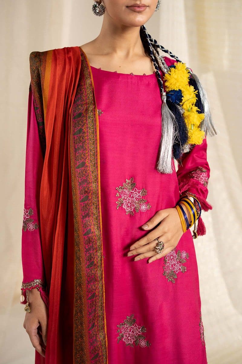 3 Piece Embroidered Raw Silk Suit