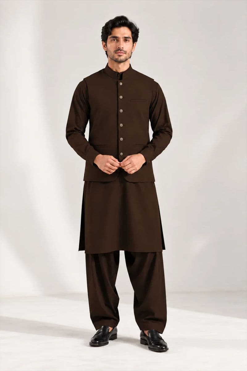 Men's Blended Kameez Shalwar with Waistcoat – coffee brown