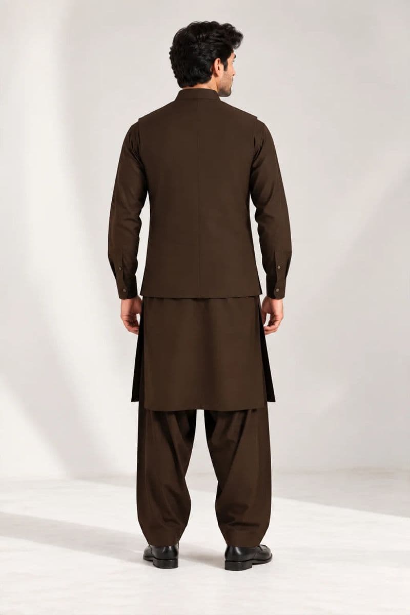 Men's Blended Kameez Shalwar with Waistcoat – coffee brown
