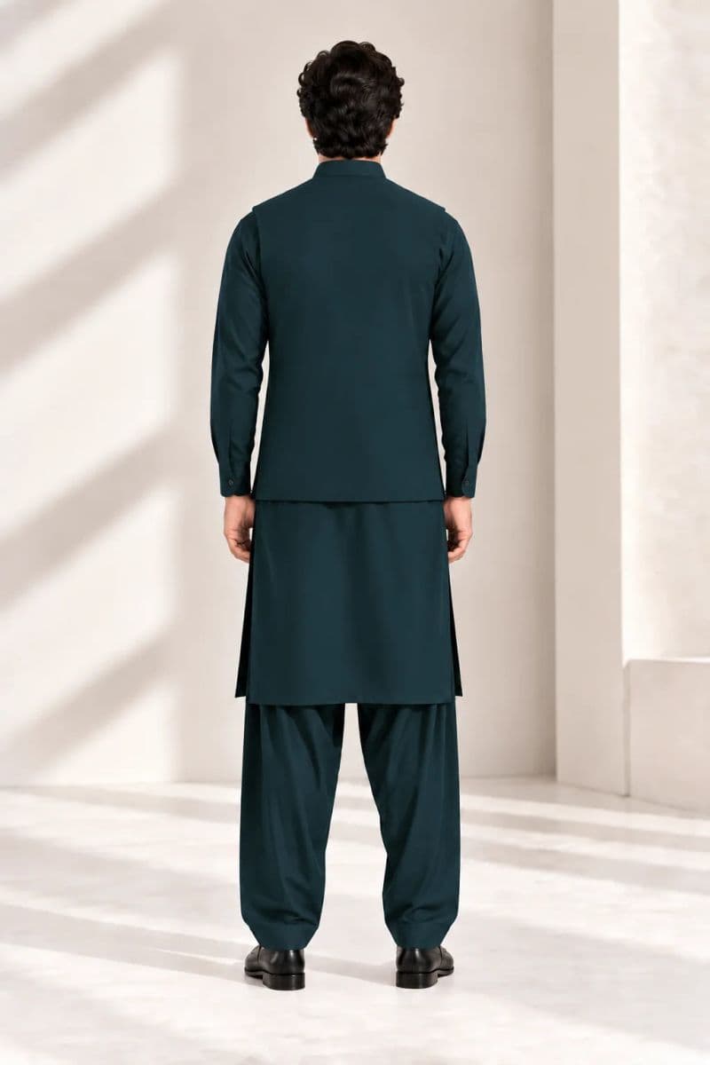 Men's Blended Kameez Shalwar with Waistcoat – teal green