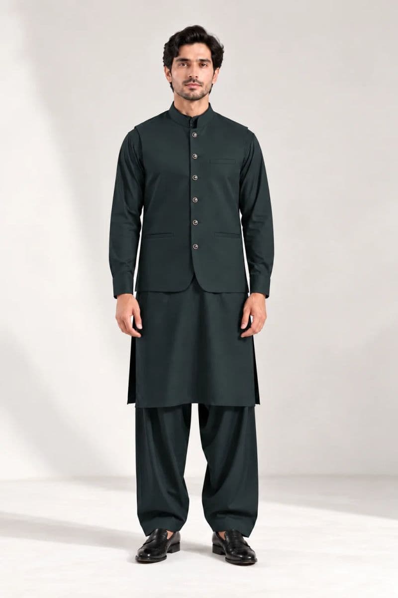 Men's Blended Kameez Shalwar with Waistcoat – DARK GREEN