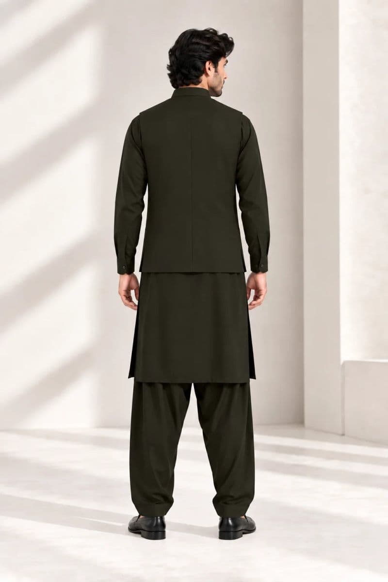 Men's Blended Kameez Shalwar with Waistcoat – DARK OLIVE