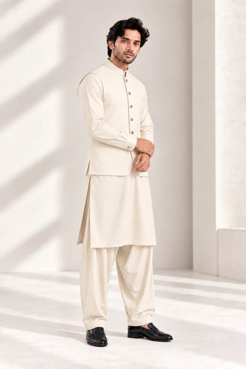 Men's Blended Kameez Shalwar with Waistcoat – CREAM