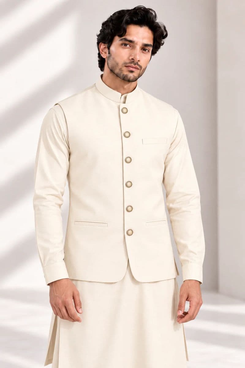 Men's Blended Kameez Shalwar with Waistcoat – CREAM