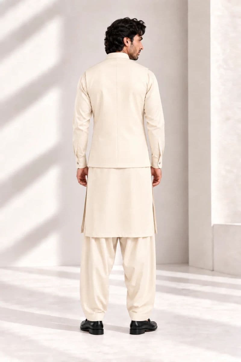 Men's Blended Kameez Shalwar with Waistcoat – CREAM
