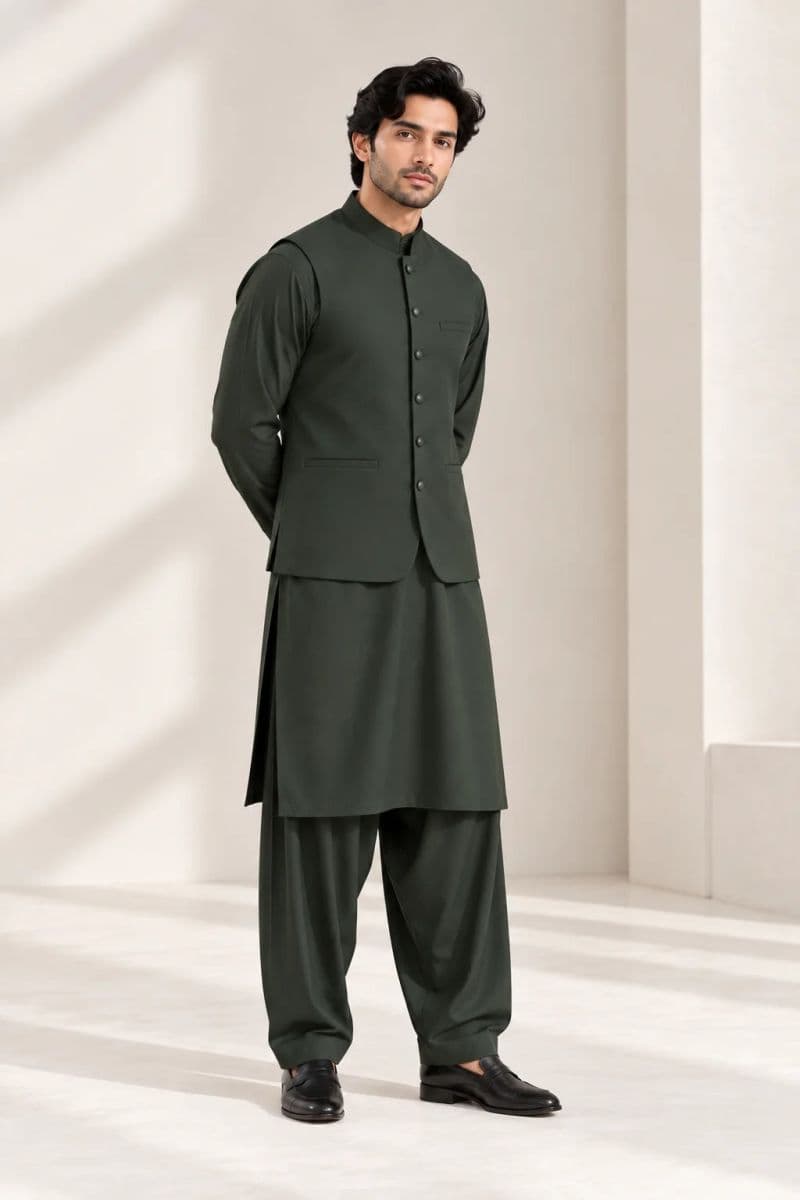 Men's Blended Kameez Shalwar with Waistcoat – BOTTLE GREEN