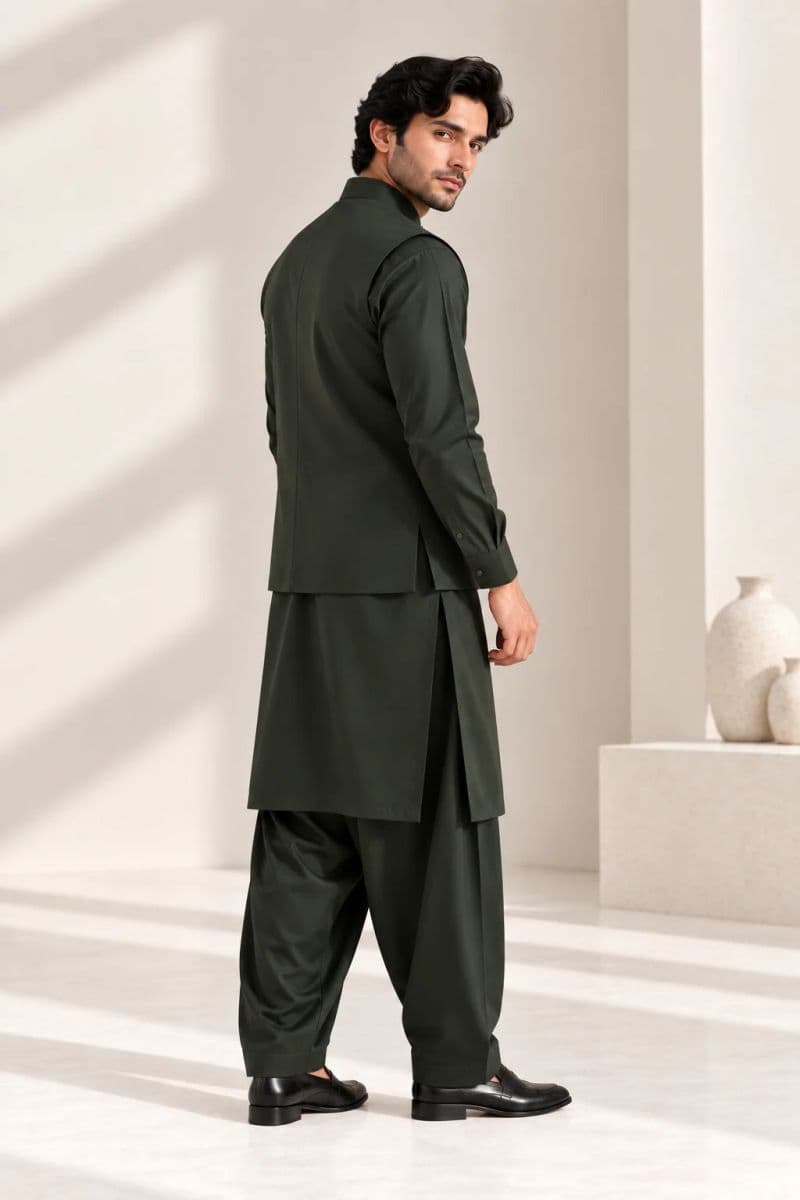 Men's Blended Kameez Shalwar with Waistcoat – BOTTLE GREEN