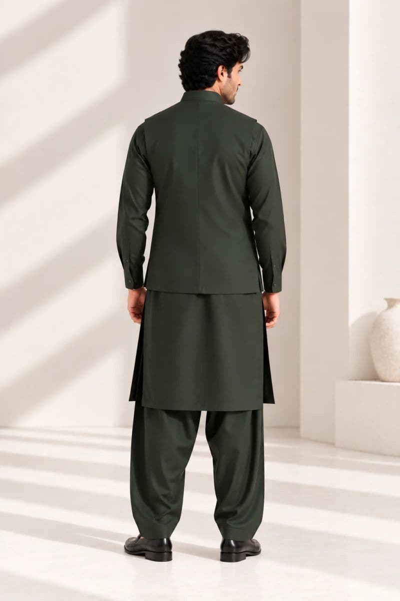 Men's Blended Kameez Shalwar with Waistcoat – BOTTLE GREEN