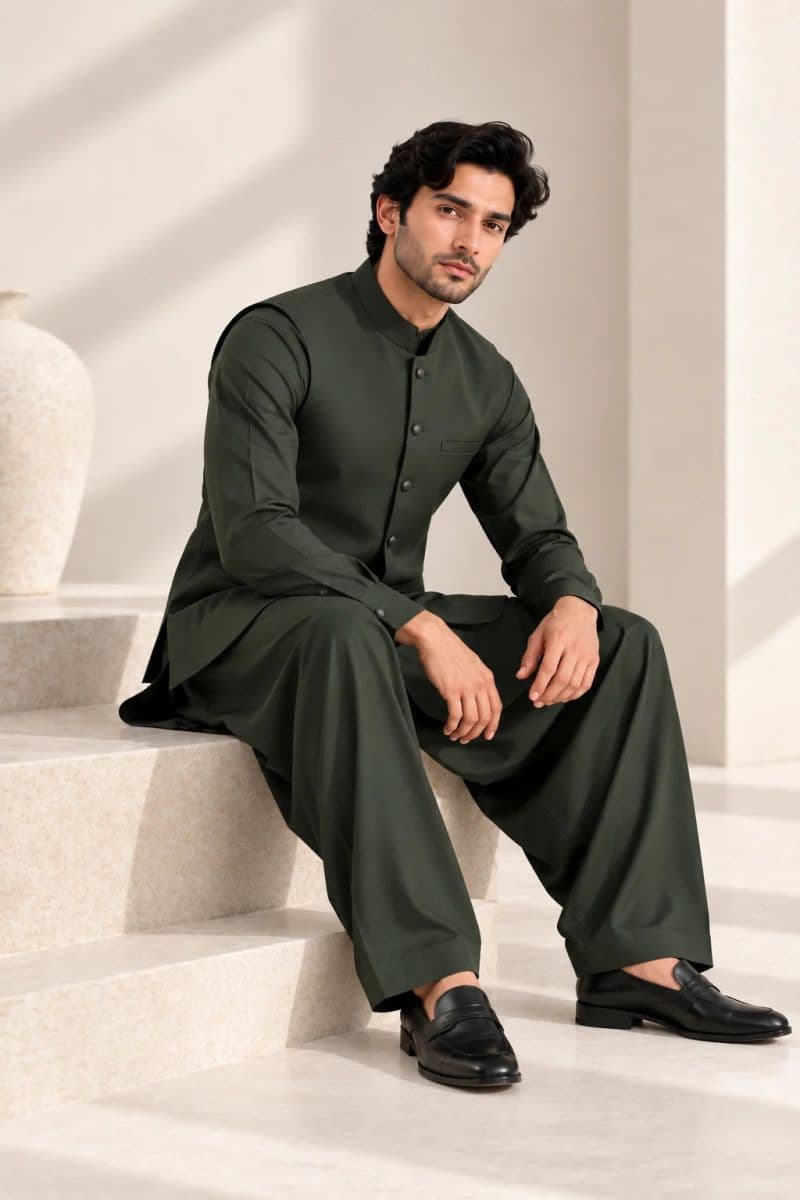 Men's Blended Kameez Shalwar with Waistcoat – BOTTLE GREEN