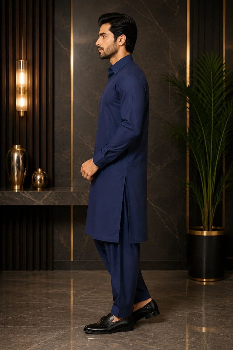 MEN'S BLENDED KAMEEZ SHALWAR – NAVY BLUE thumbnail