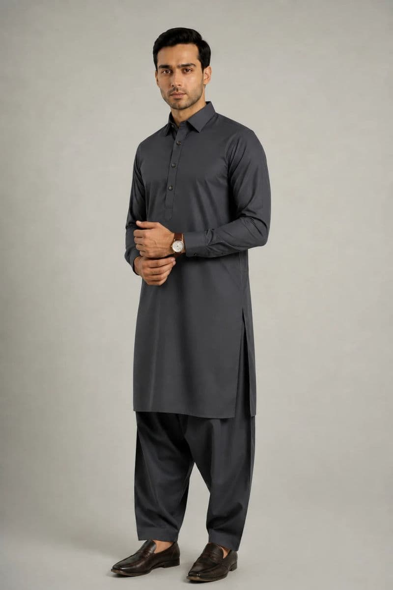 MEN'S BLENDED KAMEEZ SHALWAR – GREY thumbnail