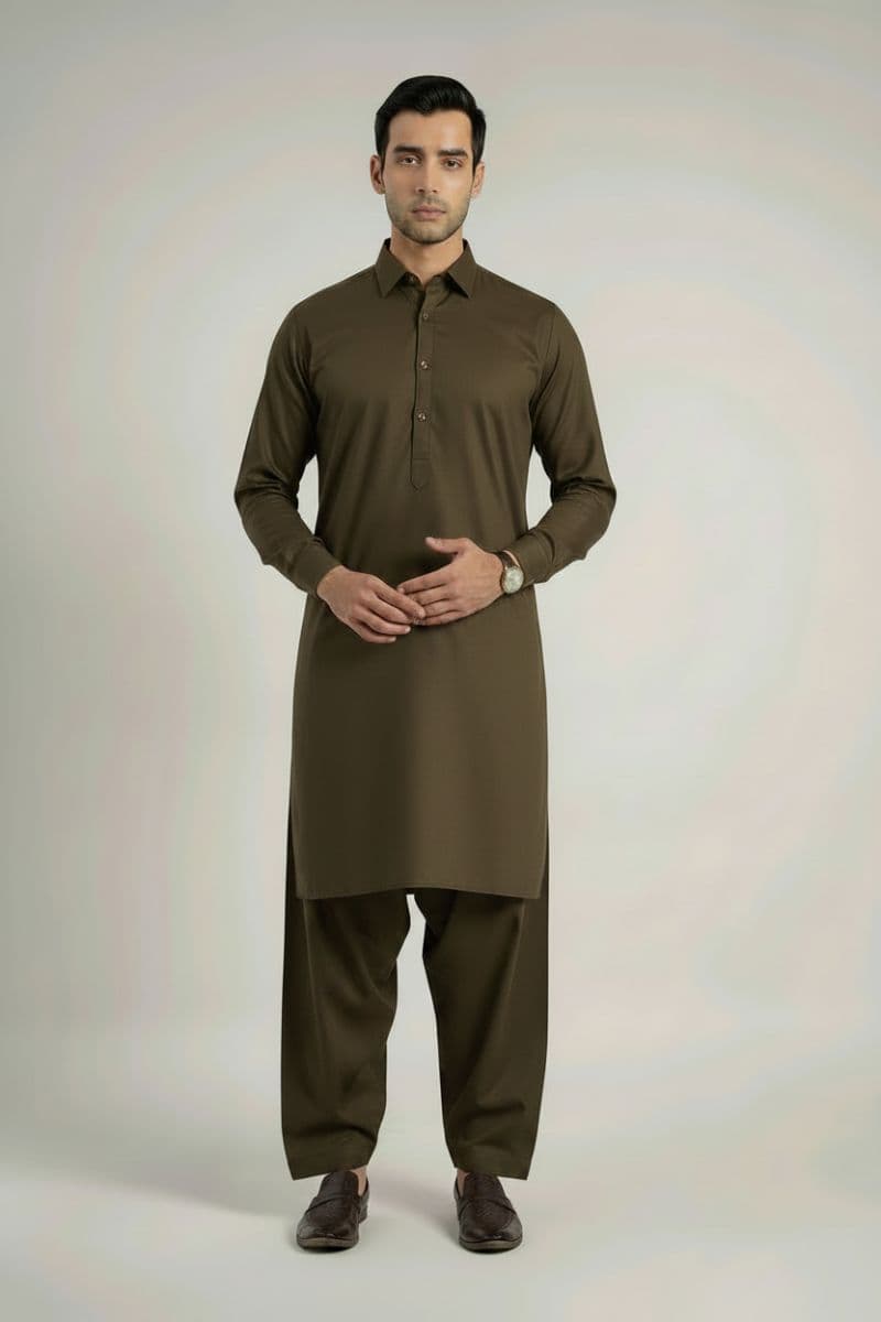 MEN'S BLENDED KAMEEZ SHALWAR – LIGHT OLIVE thumbnail