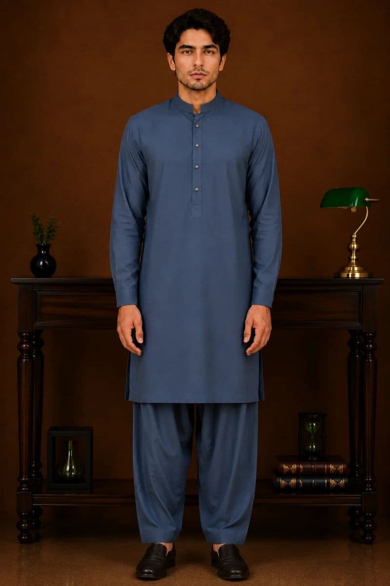 Men's Wash & Wear Kameez Shalwar - Teal Blue