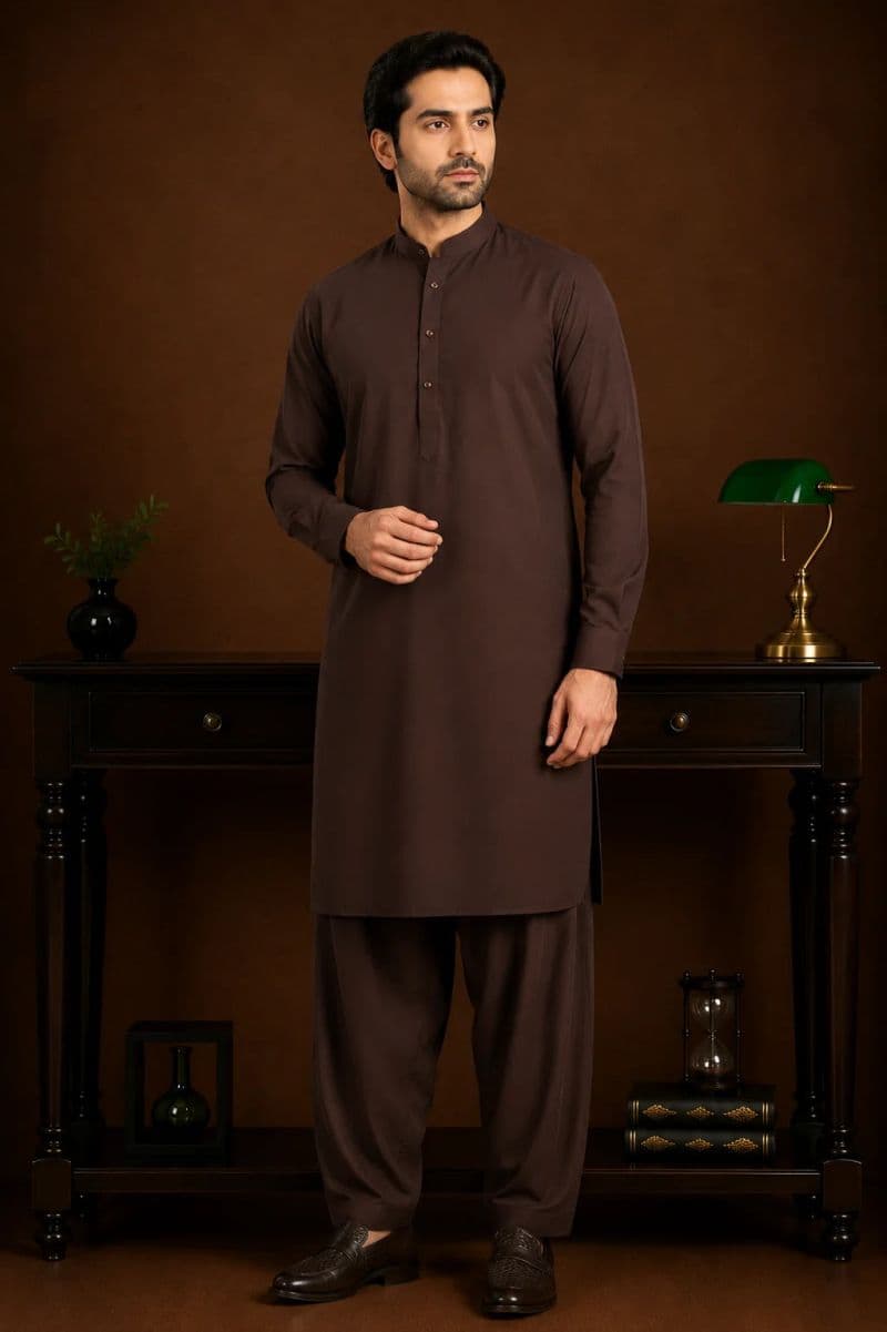 Men's Wash & Wear Kameez Shalwar - Dark Brown