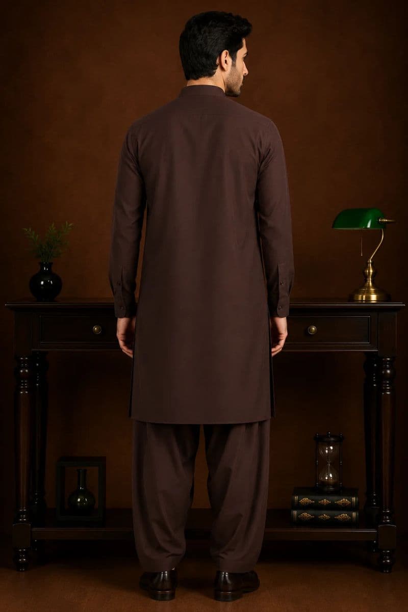 Men's Wash & Wear Kameez Shalwar - Dark Brown