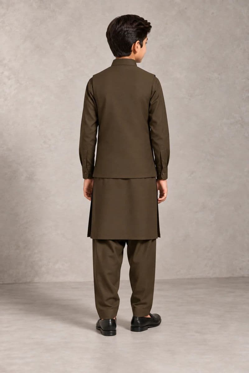 Boys Kameez Shalwar & Waistcoat Combo – light olive thumbnail