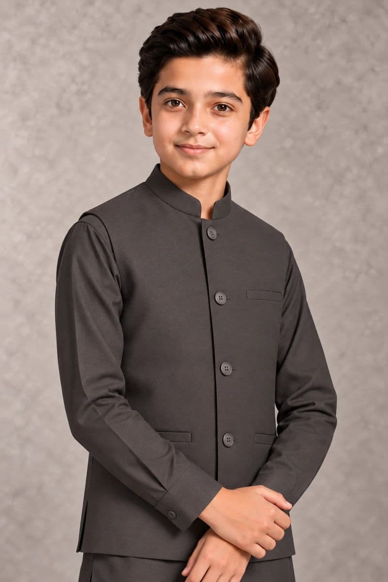Boys Kameez Shalwar & Waistcoat Combo – charcoal thumbnail