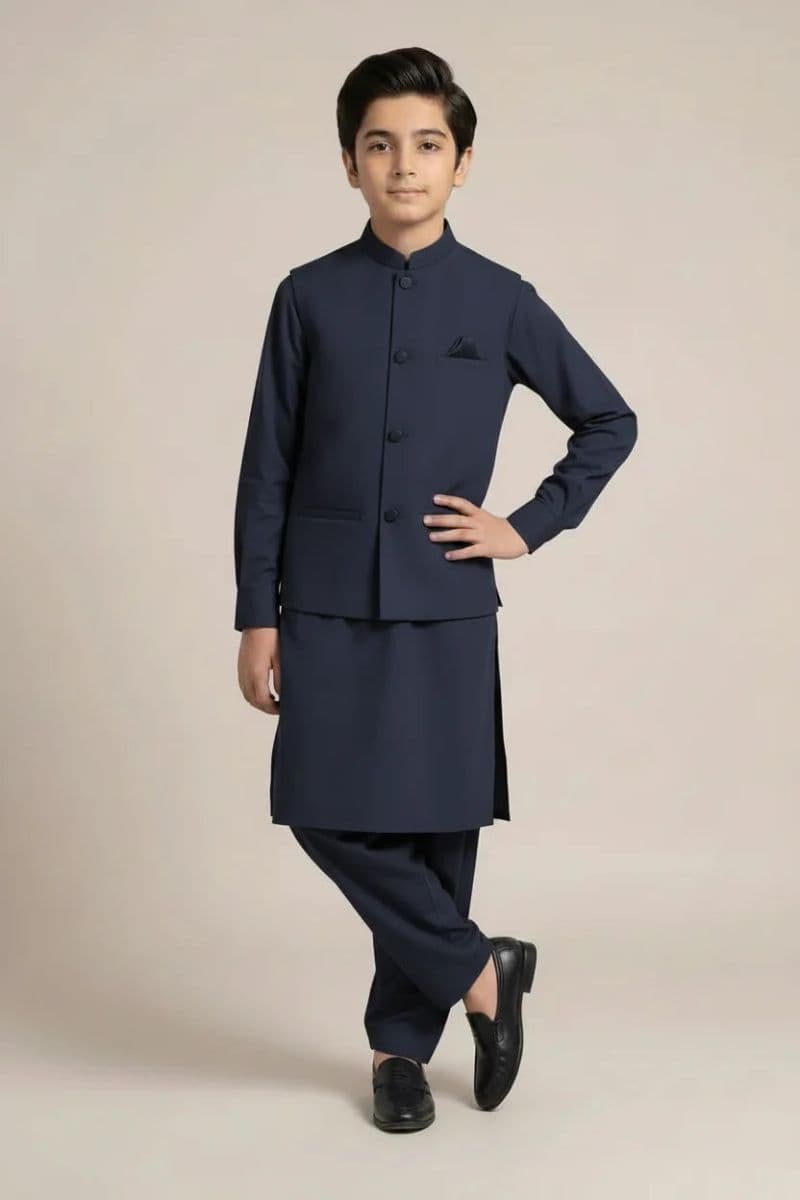 Boys Kameez Shalwar & Waistcoat Combo – DARK BLUE