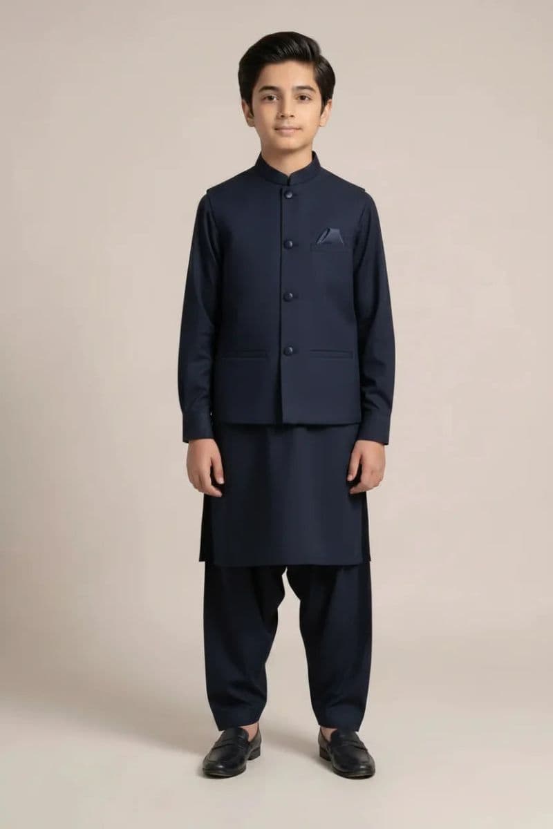 Boys Kameez Shalwar & Waistcoat Combo – Navy Blue