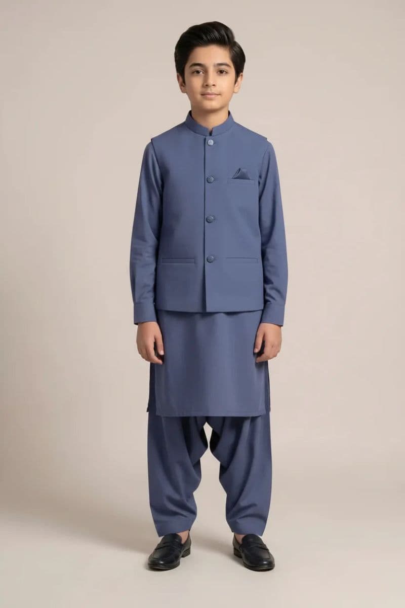 Boys Kameez Shalwar & Waistcoat Combo – Blue