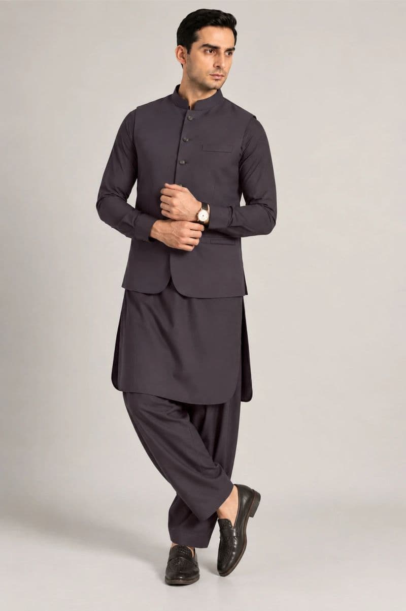 Men's Blended Kameez Shalwar with Waistcoat – grey charcoal thumbnail