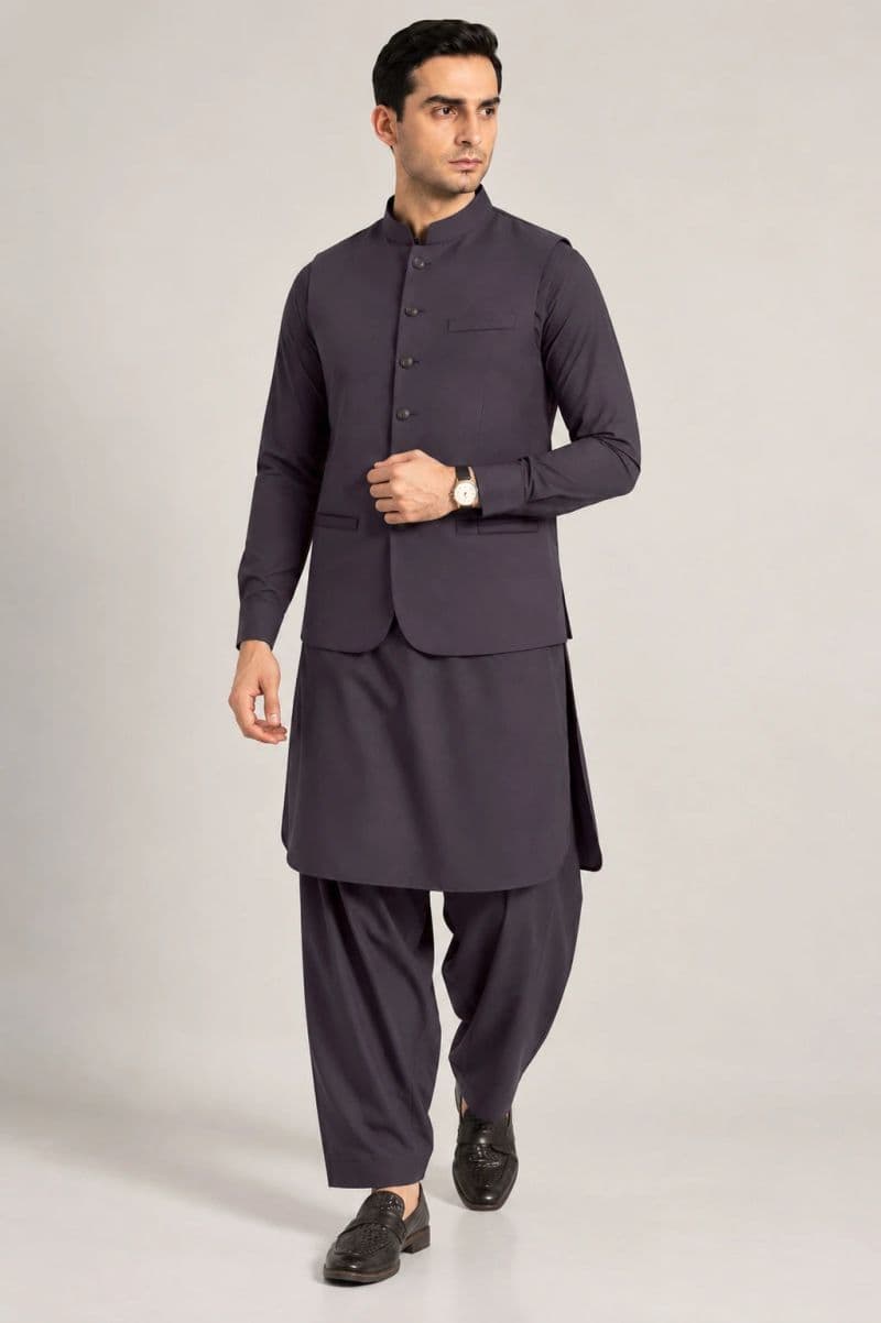 Men's Blended Kameez Shalwar with Waistcoat – grey charcoal thumbnail