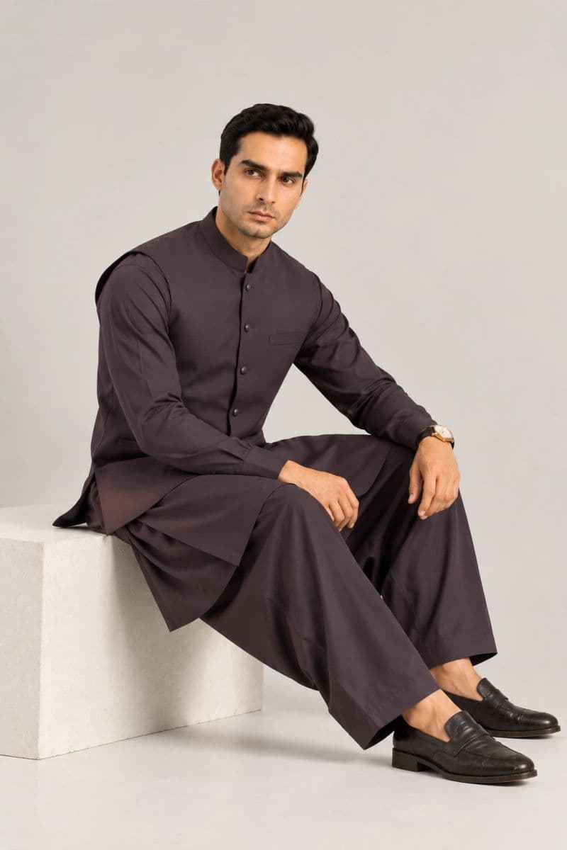 Men's Blended Kameez Shalwar with Waistcoat – grey charcoal thumbnail