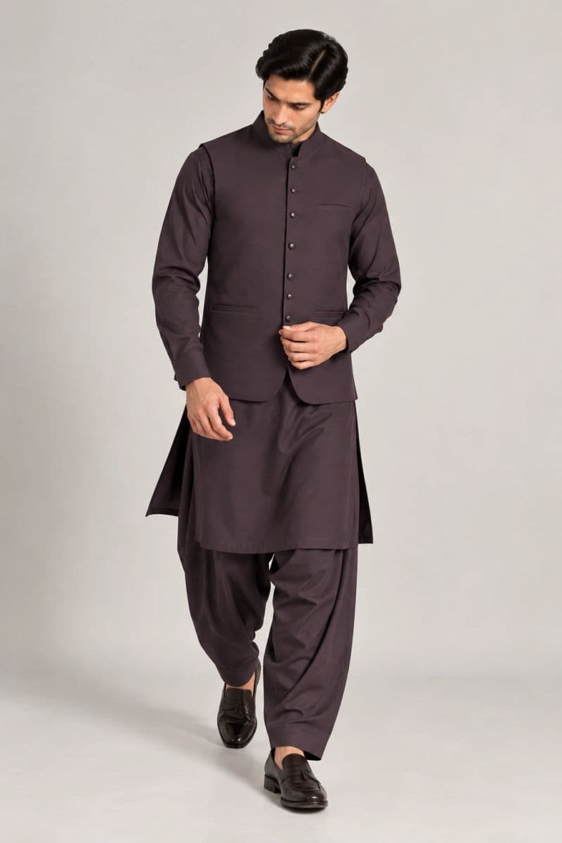 Men's Blended Kameez Shalwar with Waistcoat – grey charcoal thumbnail