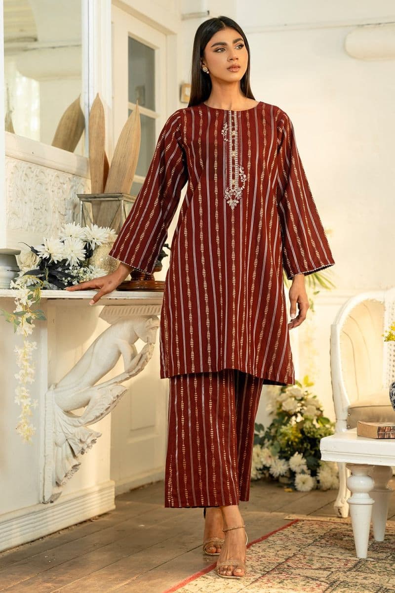 2 Pc Embroidered Cotton Jacquard Stitched Suit thumbnail