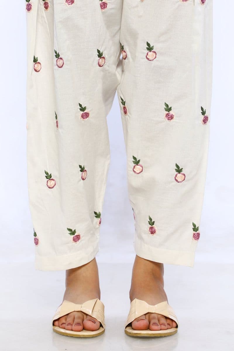 White Cambric Embroidered Shalwar