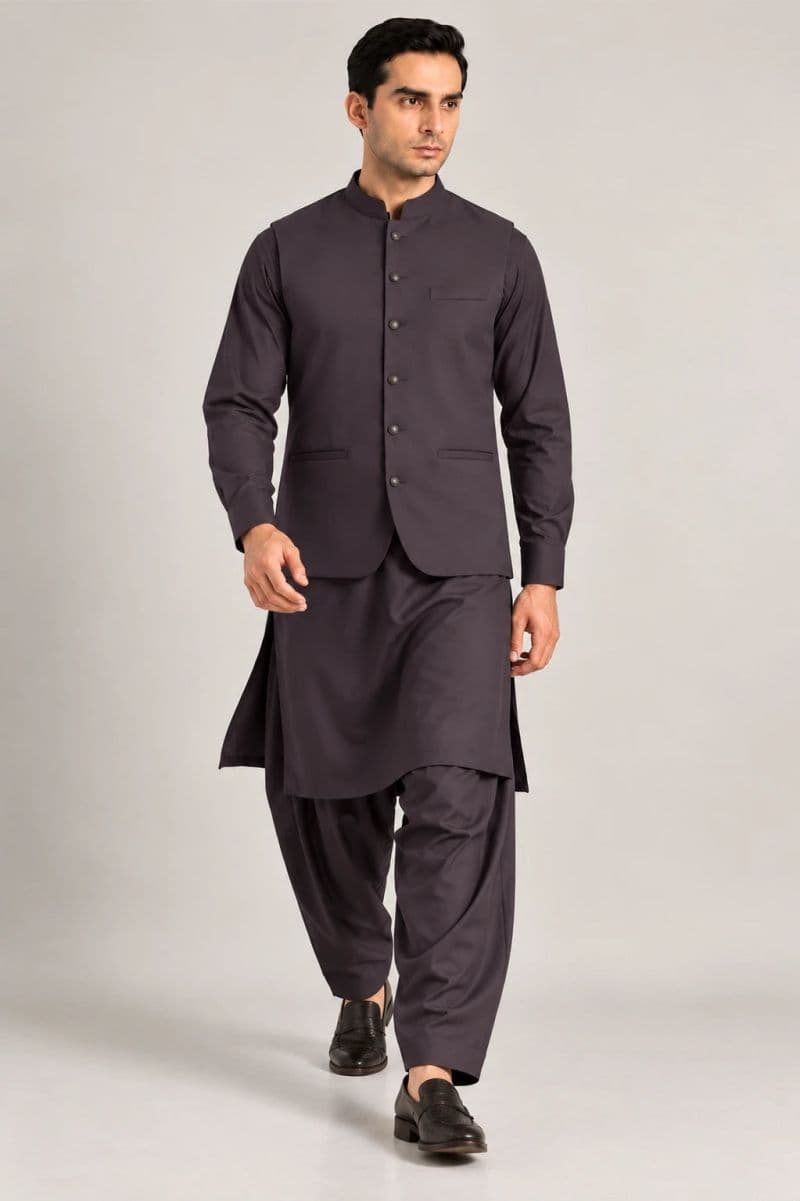 Men's Blended Kameez Shalwar with Waistcoat – grey charcoal thumbnail