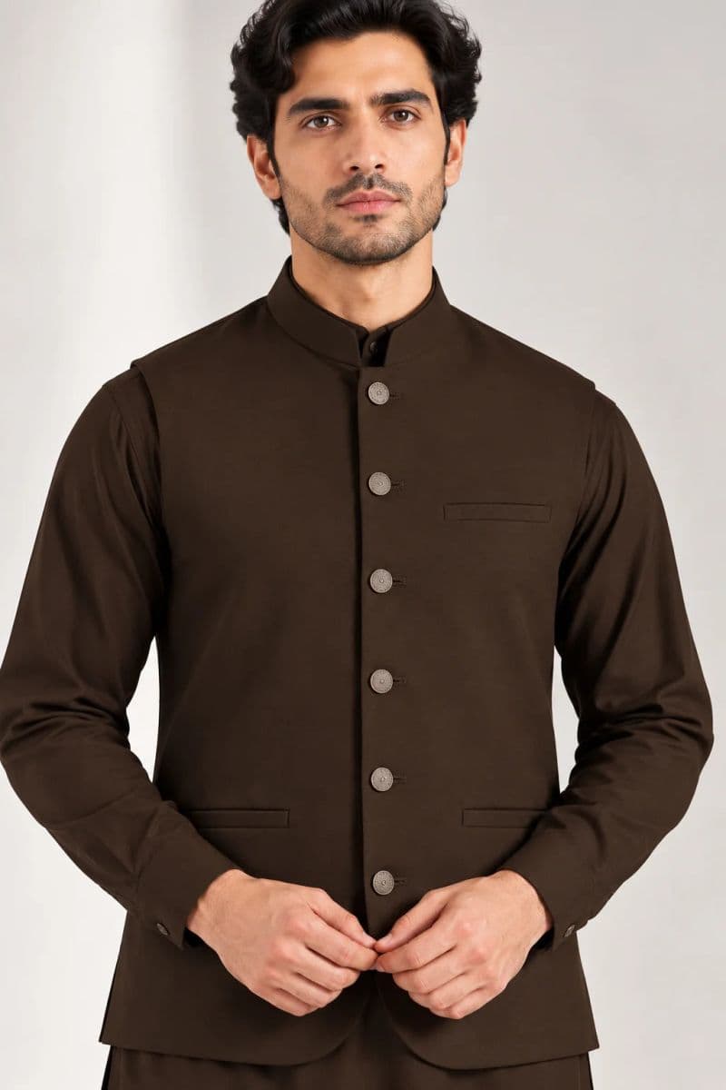 Men's Blended Kameez Shalwar with Waistcoat – coffee brown thumbnail