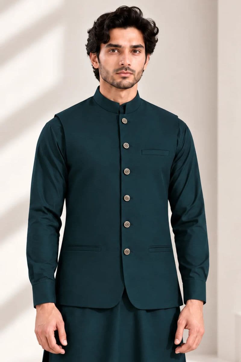 Men's Blended Kameez Shalwar with Waistcoat – teal green thumbnail