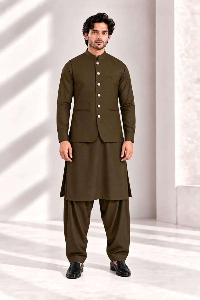 Men's Blended Kameez Shalwar with Waistcoat – LIGHT OLIVE thumbnail