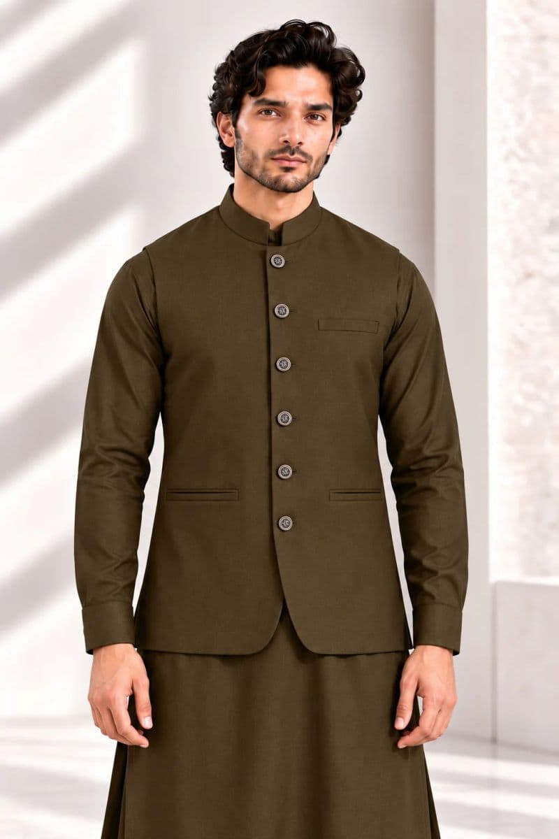 Men's Blended Kameez Shalwar with Waistcoat – LIGHT OLIVE thumbnail