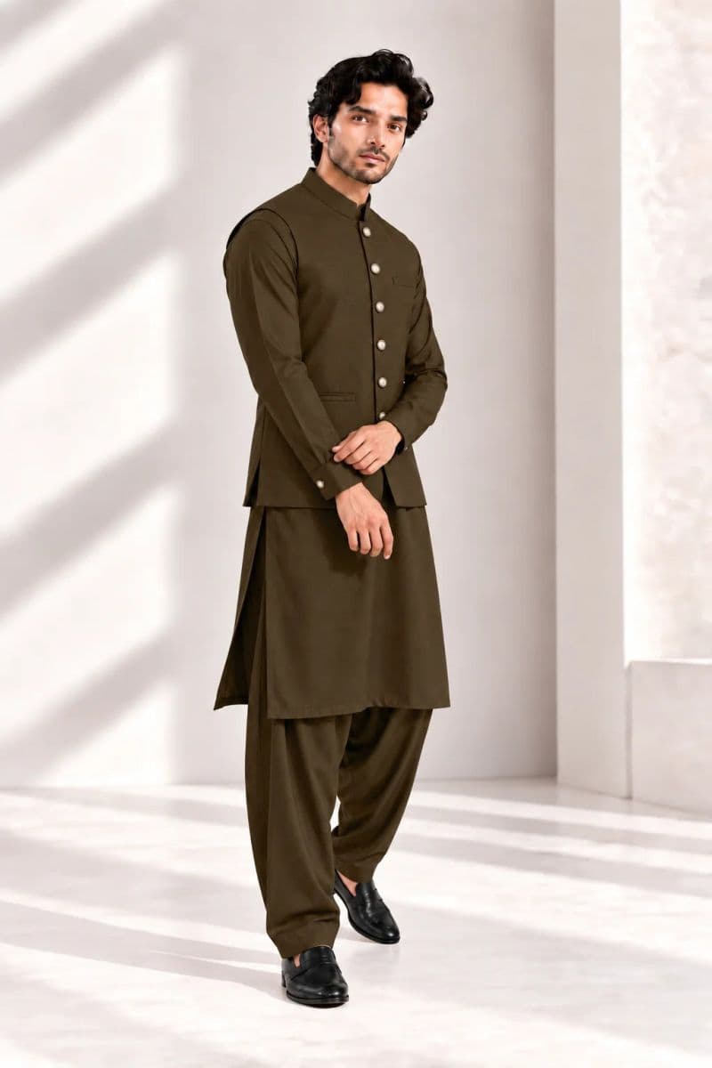 Men's Blended Kameez Shalwar with Waistcoat – LIGHT OLIVE thumbnail